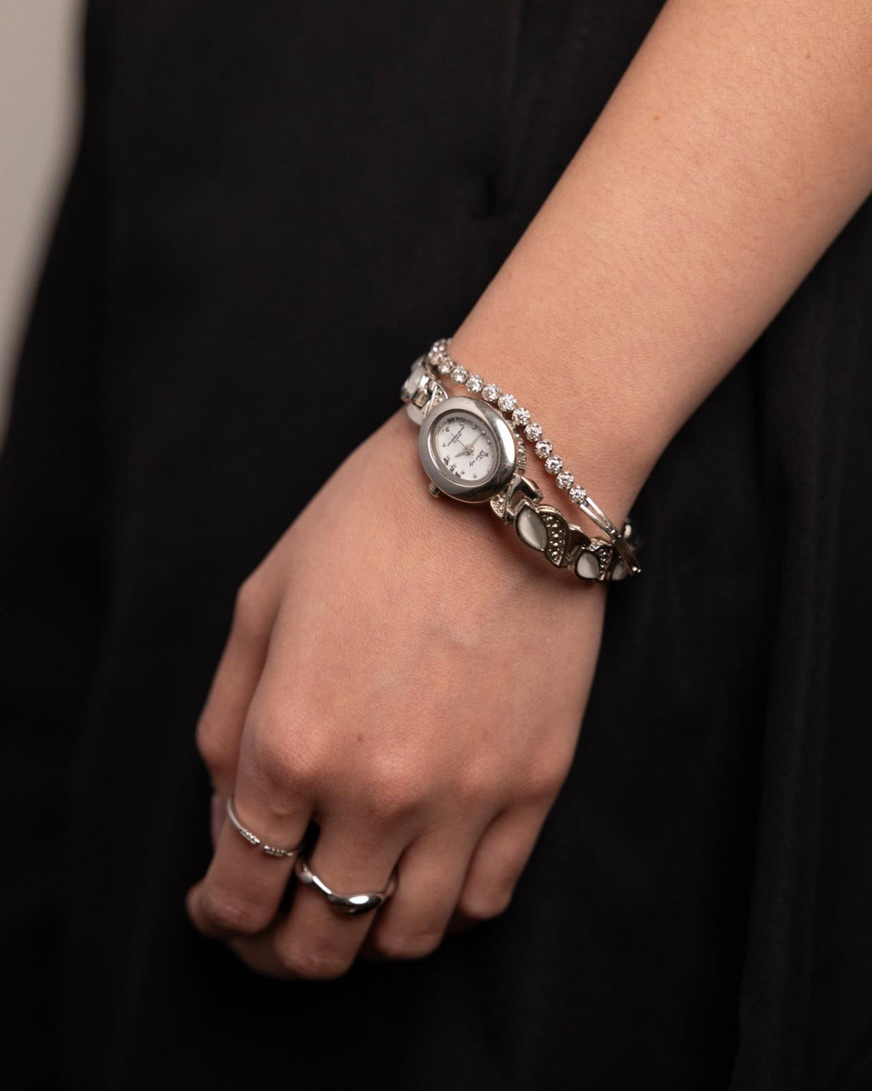 Silver Petite Bracelet Watch with Pearl-Iridescent Detail