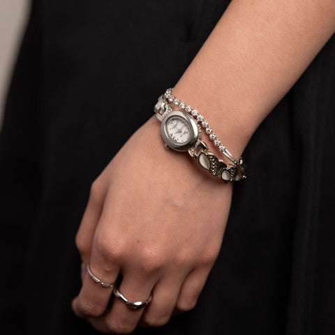 Silver Petite Bracelet Watch with Pearl-Iridescent Detail