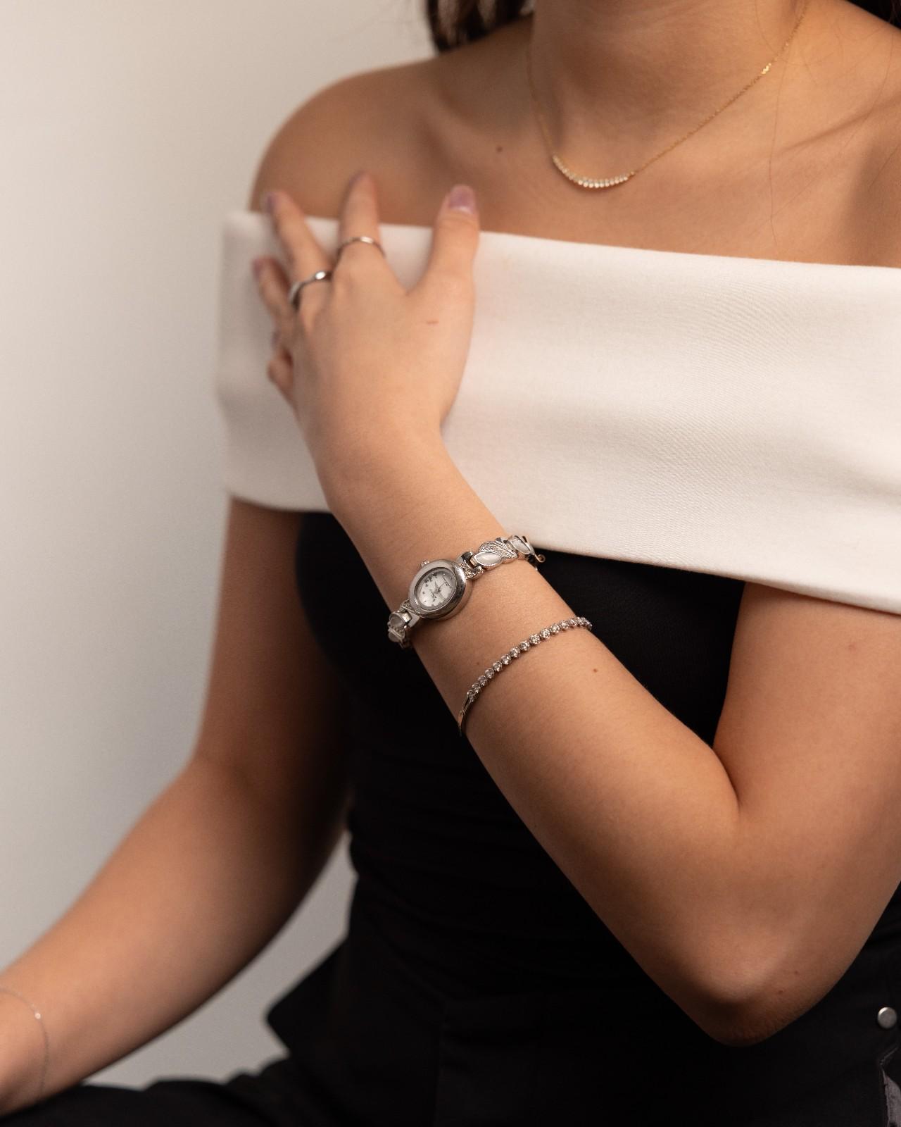Silver Petite Bracelet Watch with Pearl-Iridescent Detail