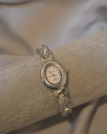 Silver Petite Bracelet Watch with Pearl-Iridescent Detail