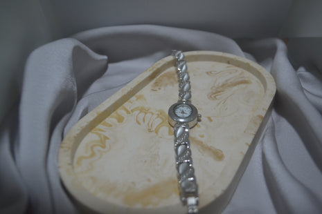 Silver Petite Bracelet Watch with Pearl-Iridescent Detail